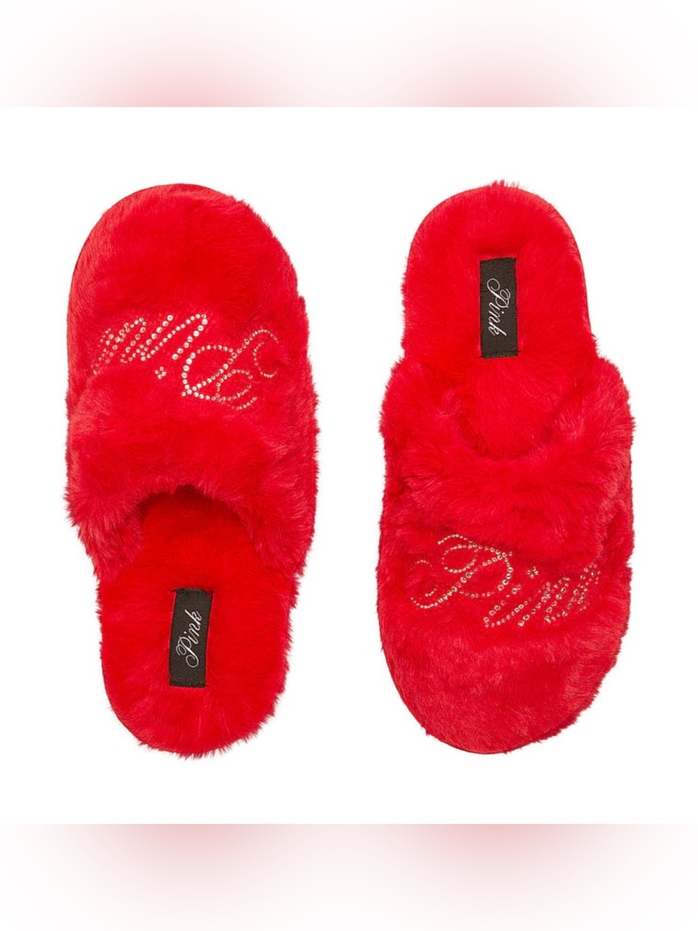 Victoria's Secret Red Fuzzy Slide Slippers with Crystal Script M 7-8 NEW